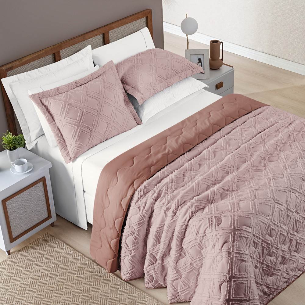 Cobre Leito Queen Aveline Dupla Face Micropercal 300 Fios 3 Peças - Rose