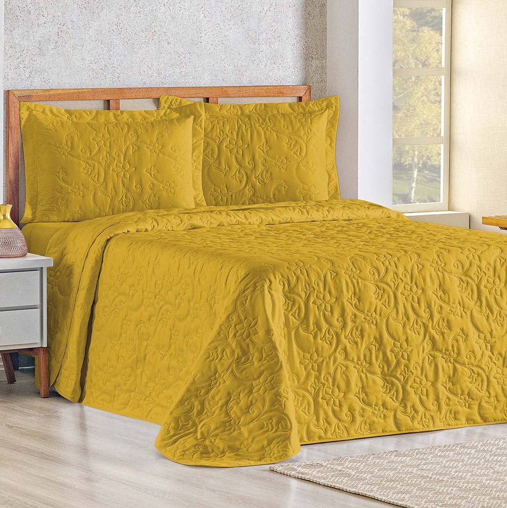 Cobre Leito Queen Bouti Mavie Floral Micropercal 180 Fios 3 Peças - Açafrão