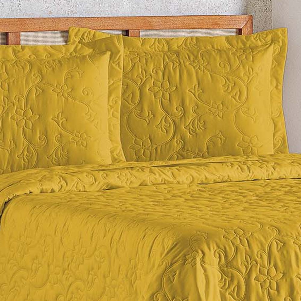 Cobre Leito Queen Bouti Mavie Floral Micropercal 180 Fios 3 Peças - Açafrão
