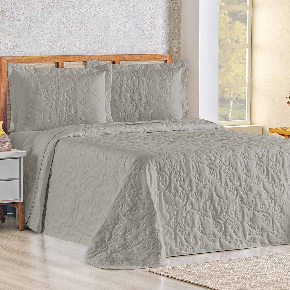 Cobre Leito Queen Bouti Mavie Floral Micropercal 180 Fios 3 Peças - Cinza
