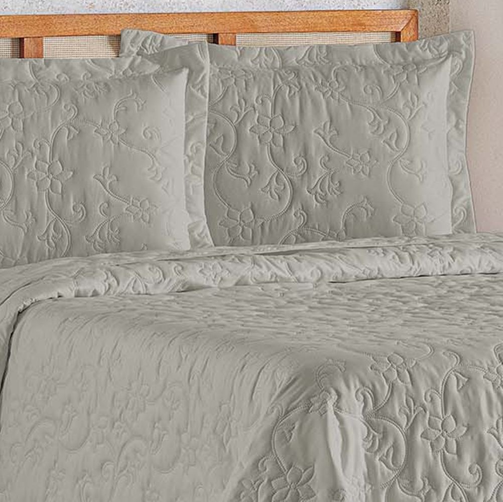 Cobre Leito Queen Bouti Mavie Floral Micropercal 180 Fios 3 Peças - Cinza