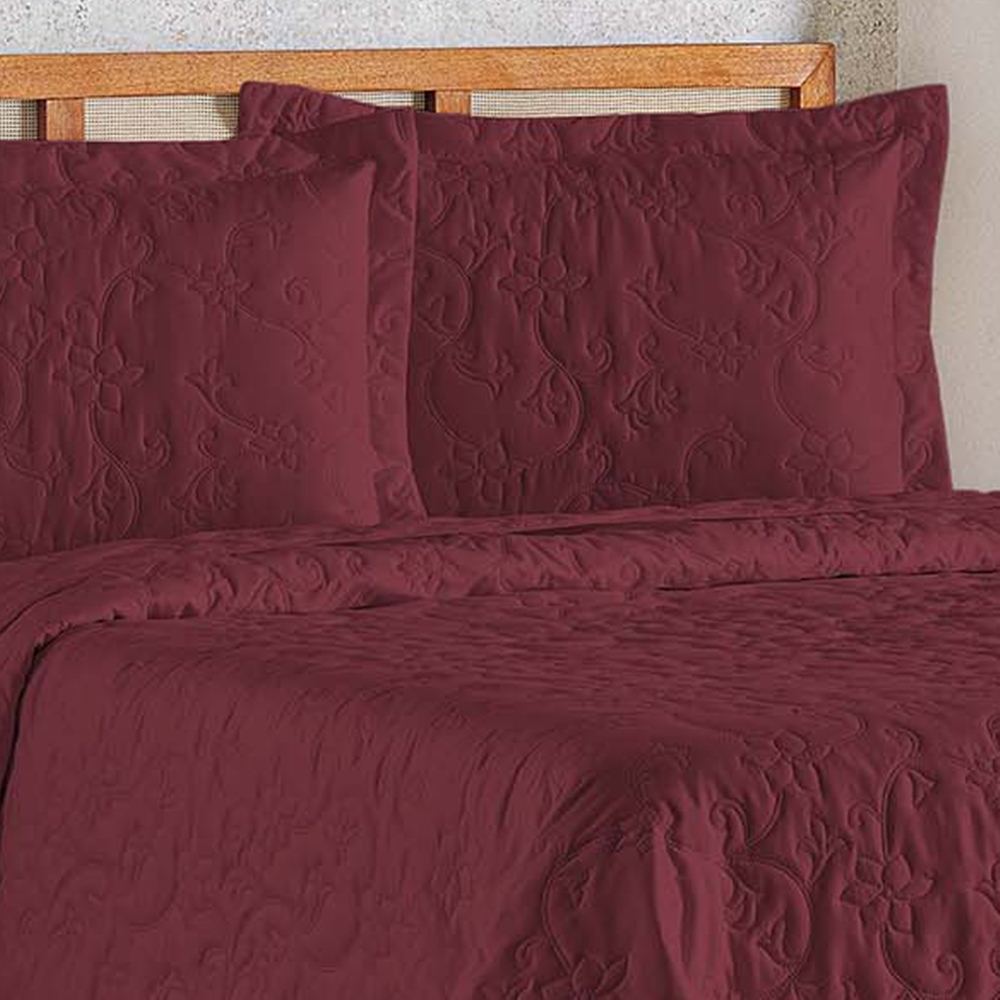 Cobre Leito Queen Bouti Mavie Floral Micropercal 180 Fios 3 Peças - Vinho