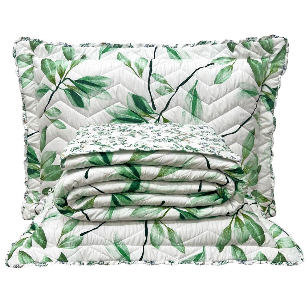 Cobre Leito Queen Confort Print Micropercal 300 Fios Toque de Algodão 3 Peças - Flores Verdes