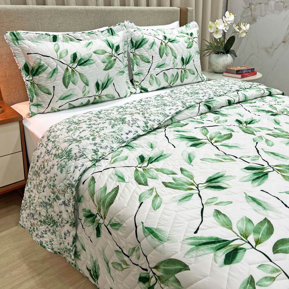 Cobre Leito Queen Confort Print Micropercal 300 Fios Toque de Algodão 3 Peças - Flores Verdes
