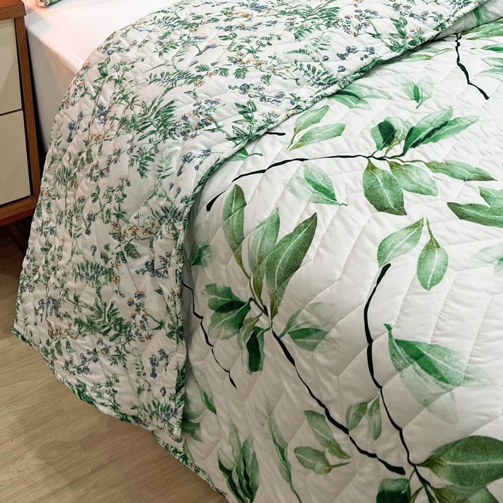 Cobre Leito Queen Confort Print Micropercal 300 Fios Toque de Algodão 3 Peças - Flores Verdes