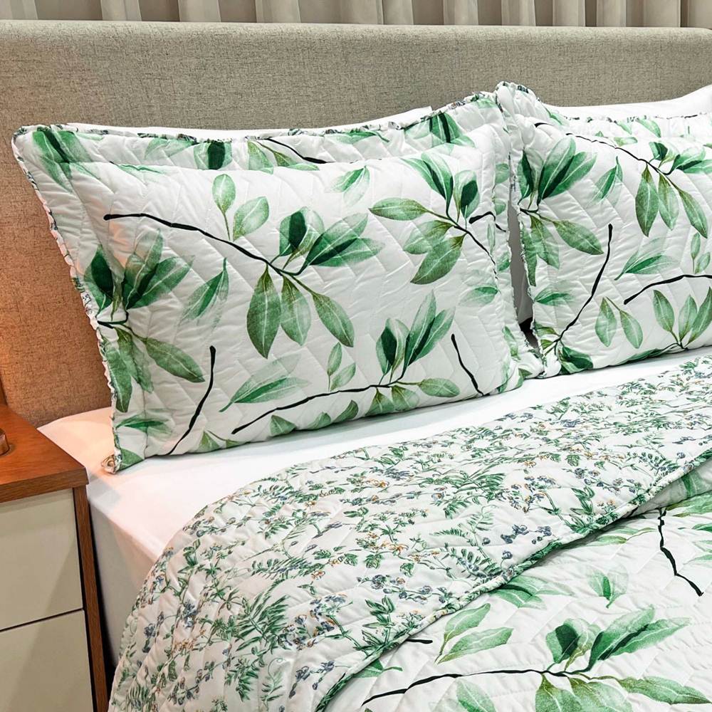 Cobre Leito Queen Confort Print Micropercal 300 Fios Toque de Algodão 3 Peças - Flores Verdes