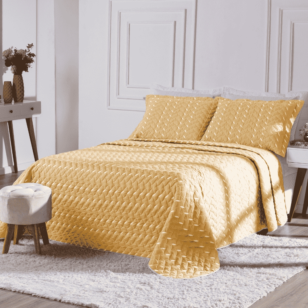 Cobre Leito Queen Heitor Bordado Hipercal 400 Fios 3 Peças - Amarelo