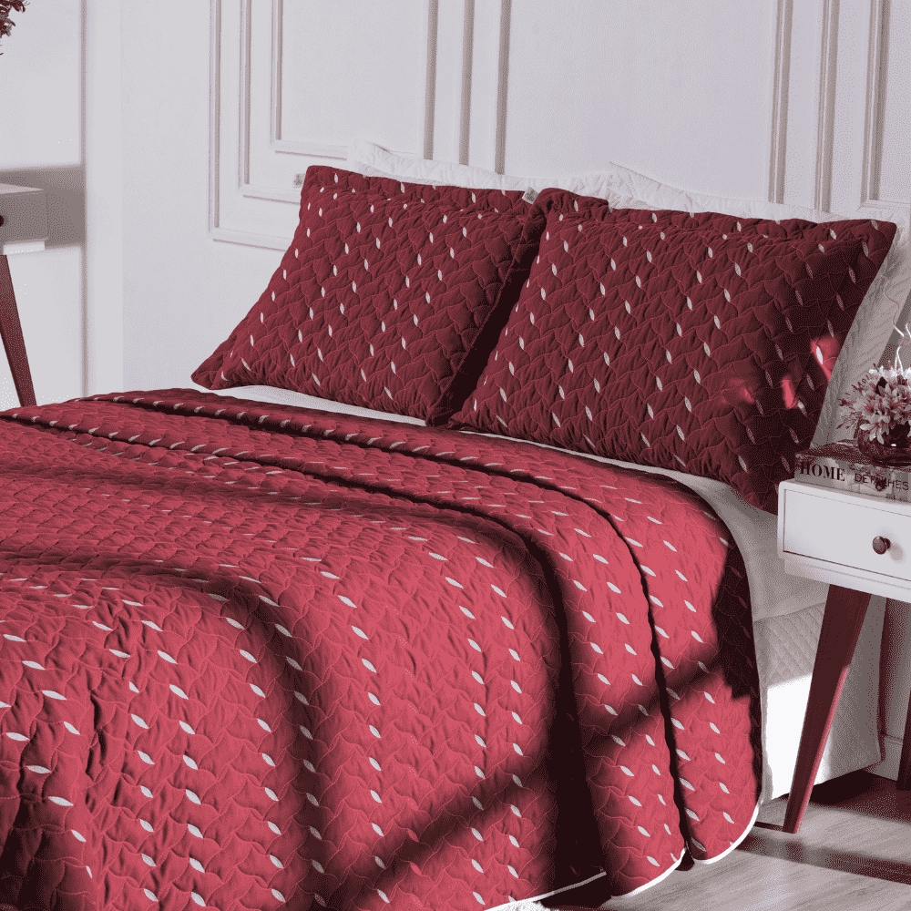 Cobre Leito Queen Heitor Bordado Hipercal 400 Fios 3 Peças - Vermelho Marsala