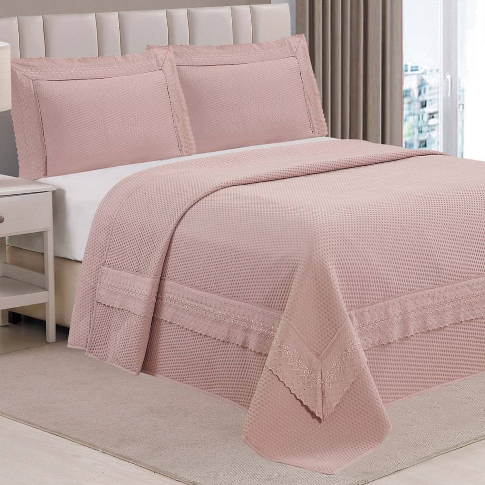 Cobre Leito Queen Majestic Bordado Inglês Micropercal 300 Fios Toque de Algodão 3 Peças - Malva