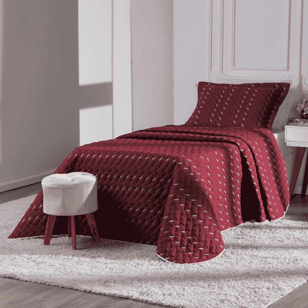 Cobre Leito Solteiro Heitor Bordado Hipercal 400 Fios 2 Peças - Vermelho Marsala