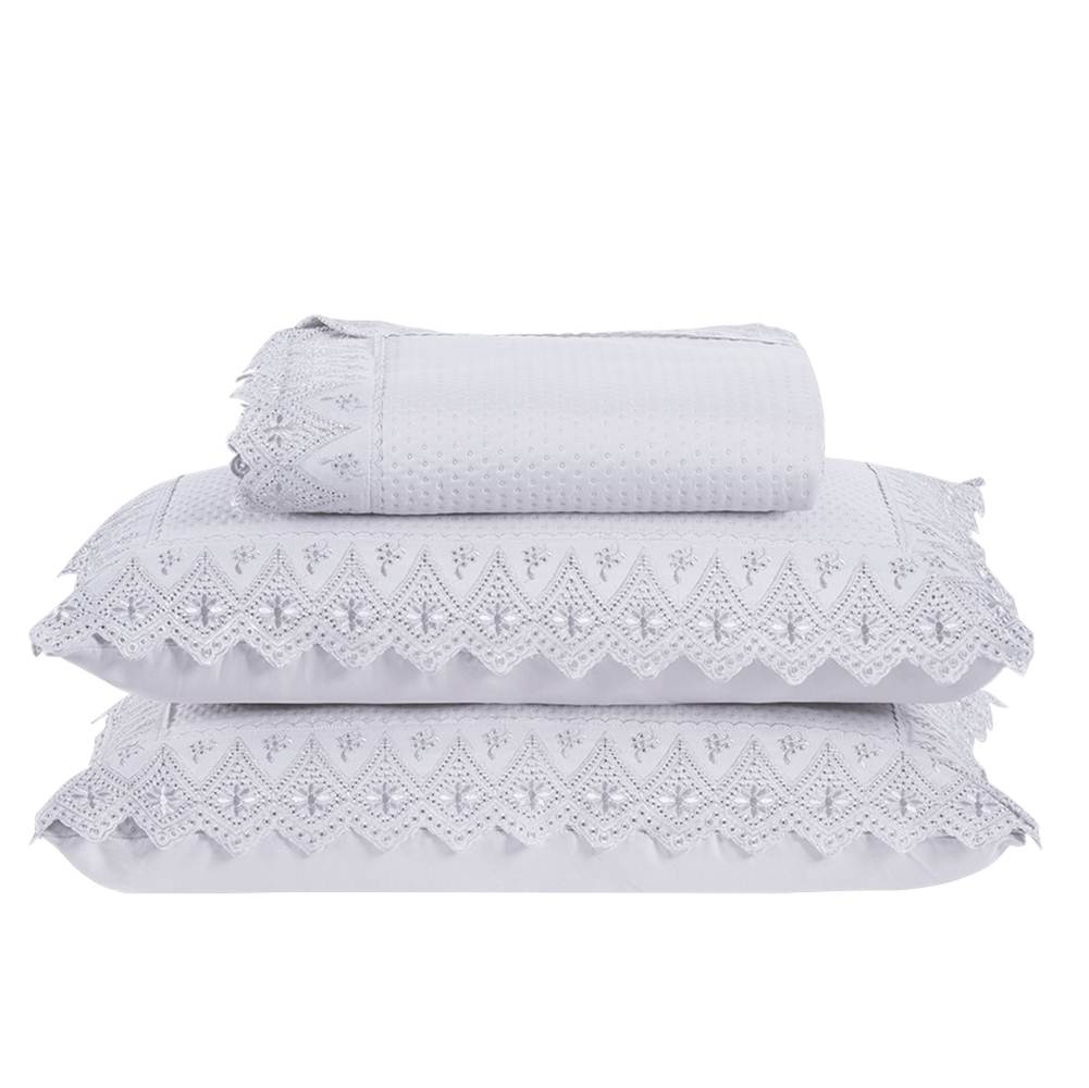 Colcha Queen Home Madrid com Bordado Inglês Micropercal 300 Fios 3 Peças - Branco