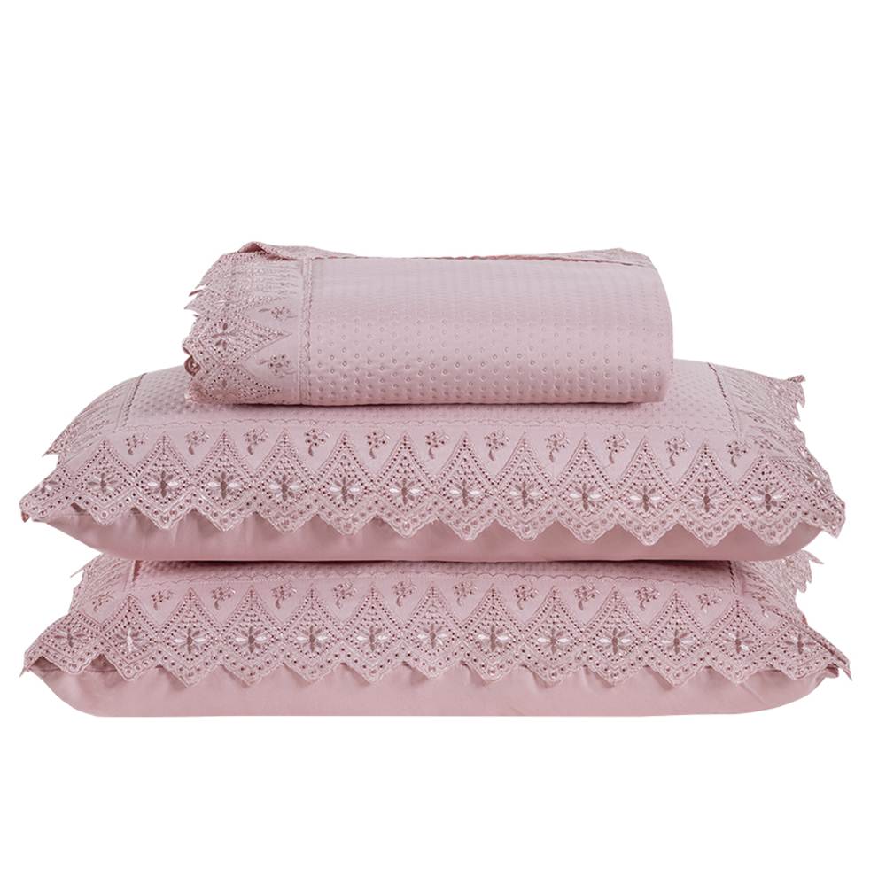 Colcha Queen Home Madrid com Bordado Inglês Micropercal 300 Fios 3 Peças - Rose