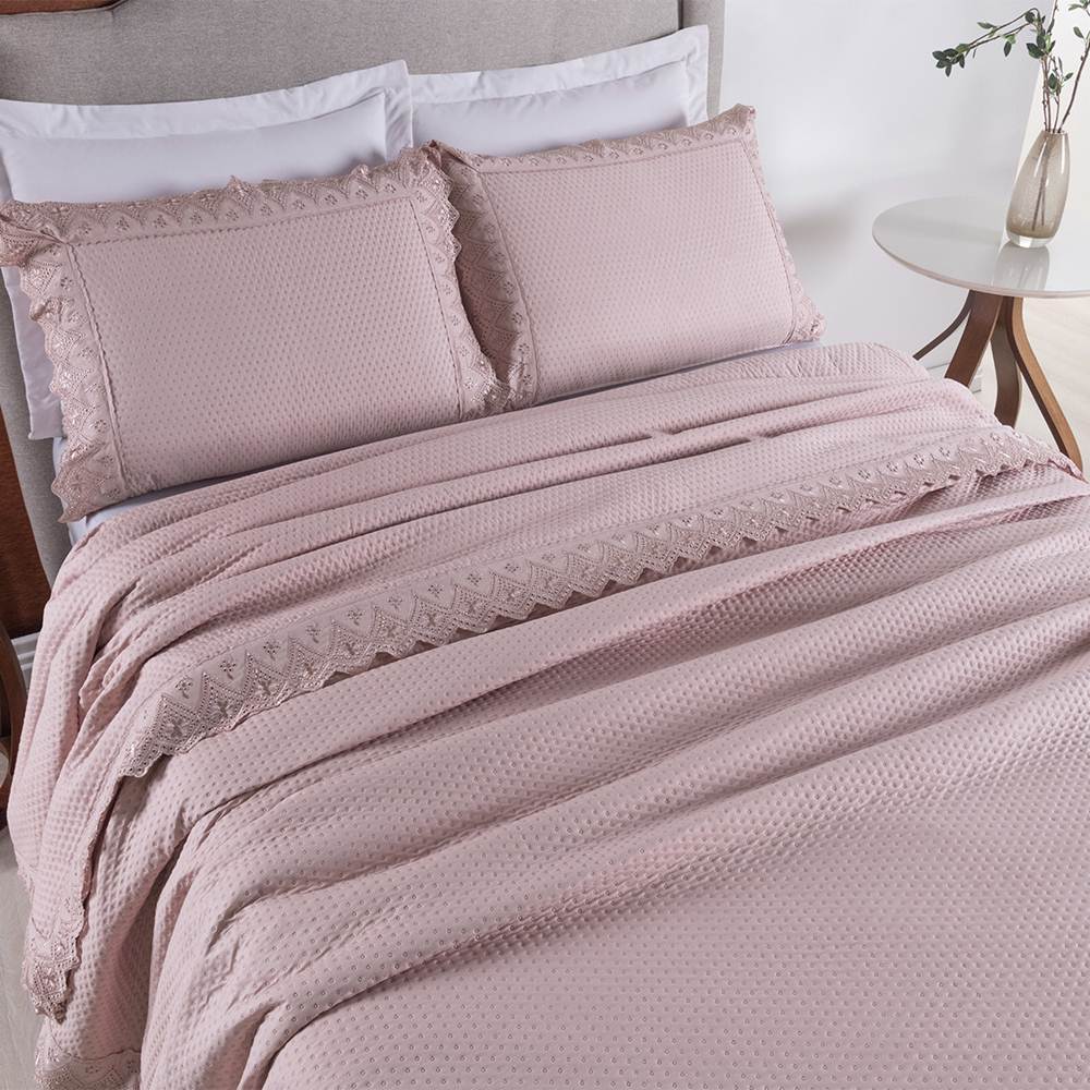 Colcha Queen Home Madrid com Bordado Inglês Micropercal 300 Fios 3 Peças - Rose