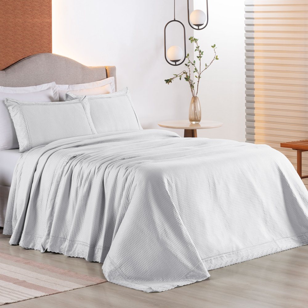 Colcha Queen Home Paris com Bordado Inglês Micropercal 300 Fios Toque de Algodão 3 Peças - Branco