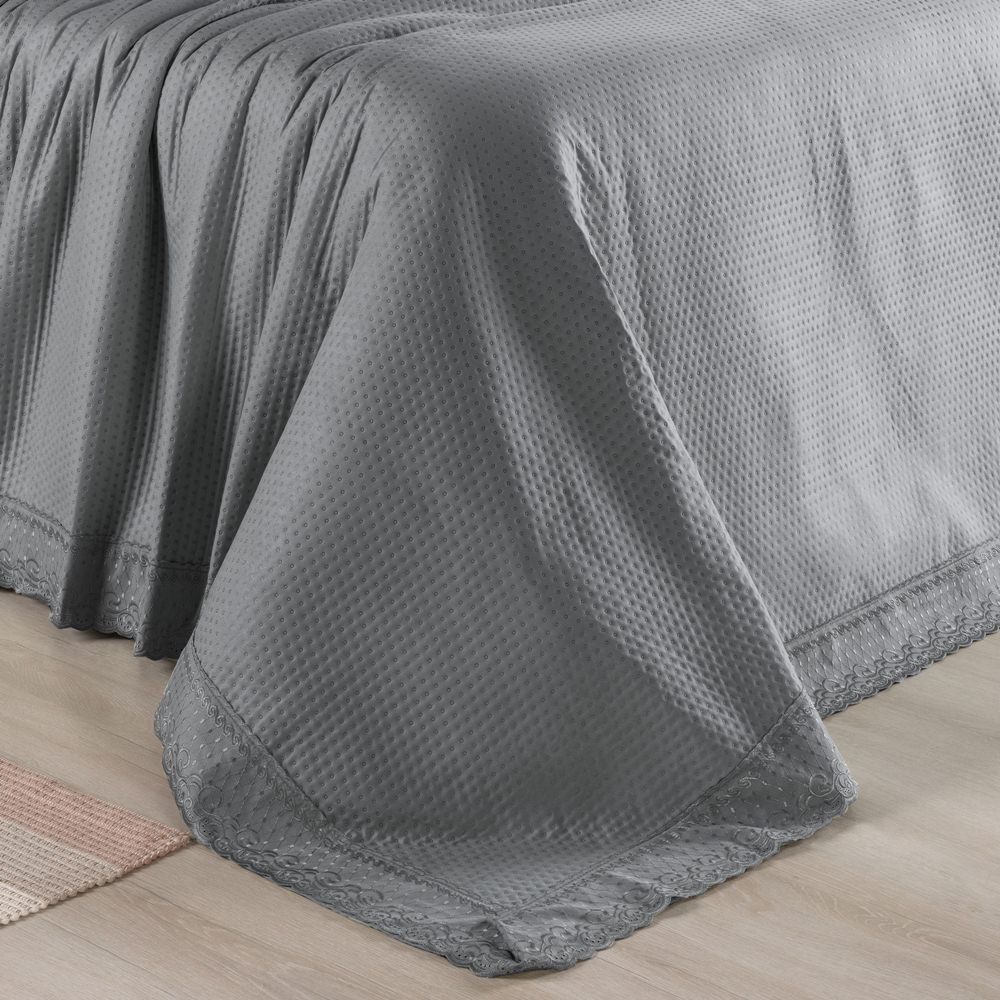 Colcha Queen Home Paris com Bordado Inglês Micropercal 300 Fios Toque de Algodão 3 Peças - Chumbo