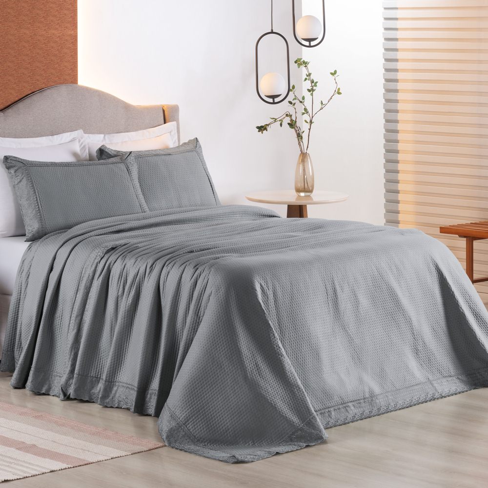Colcha Queen Home Paris com Bordado Inglês Micropercal 300 Fios Toque de Algodão 3 Peças - Chumbo