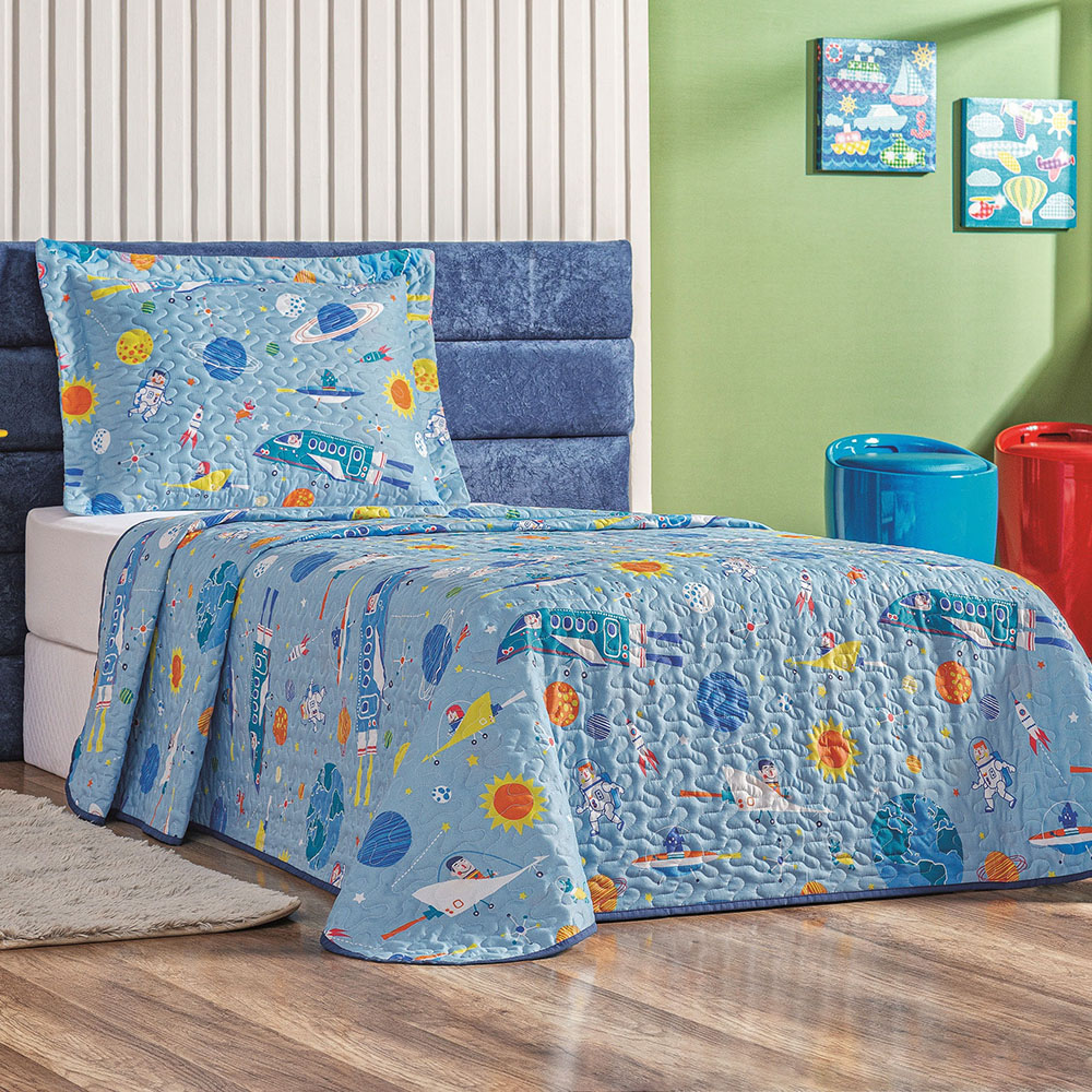 Colcha Solteiro Bouti Kids Dupla Face Estampado 2 Peças - Astronauta