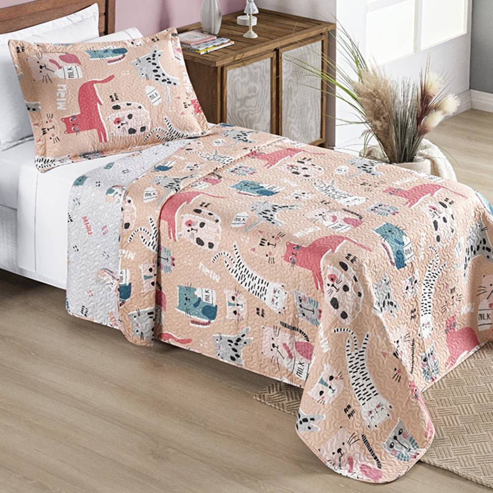 Colcha Solteiro Bouti Kids Dupla Face Estampado 2 Peças - Gatinha