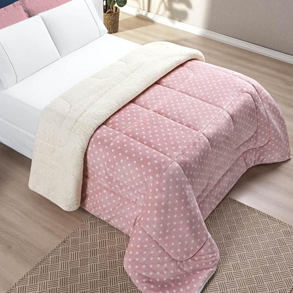 Edredom Queen Coberdrom Dupla Face Sherpa/Mantinha Petit Poá 1 Peça - Rosa