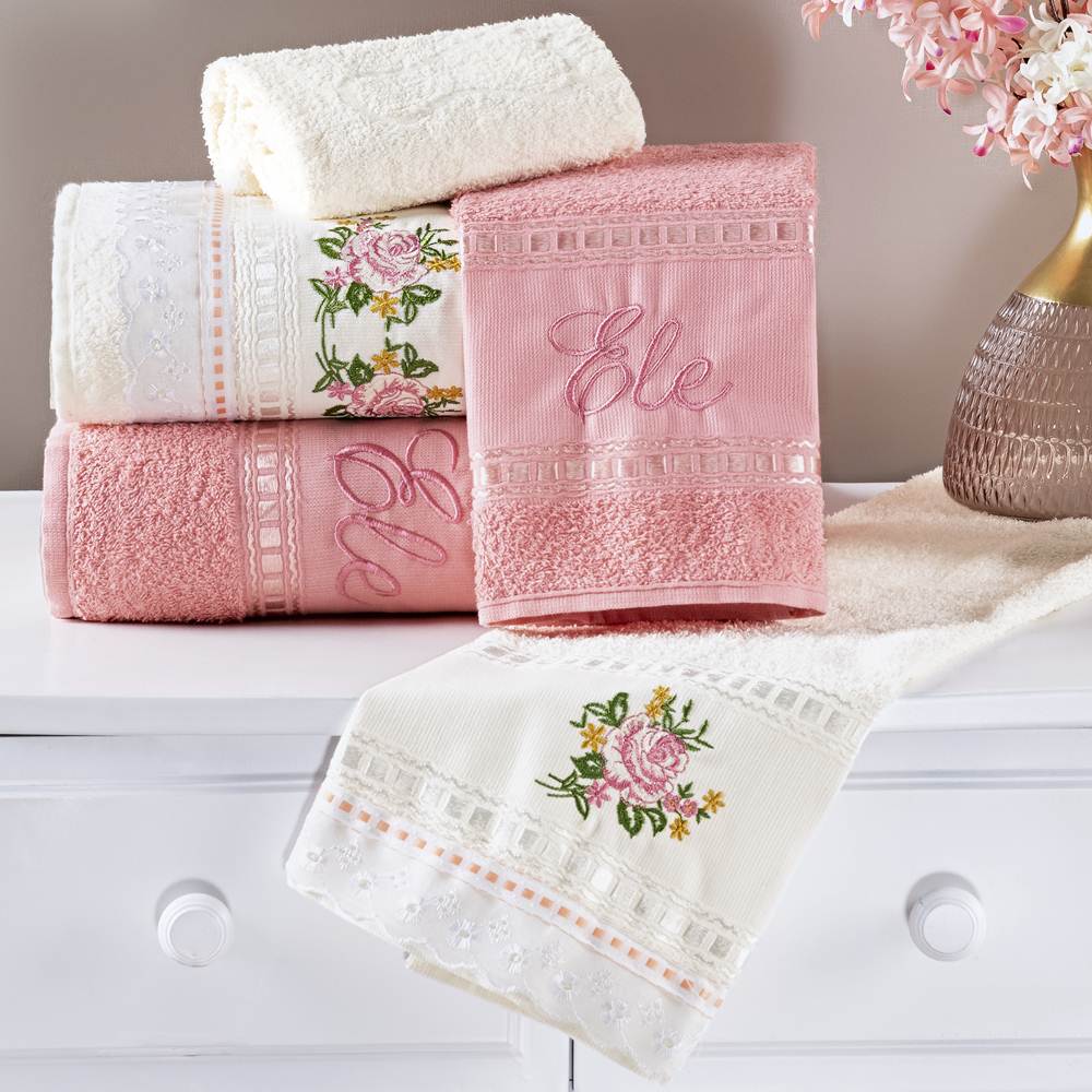 Jogo de Banho Bordado Ponto Russo Algodão 5 Peças - Rosa/Palha