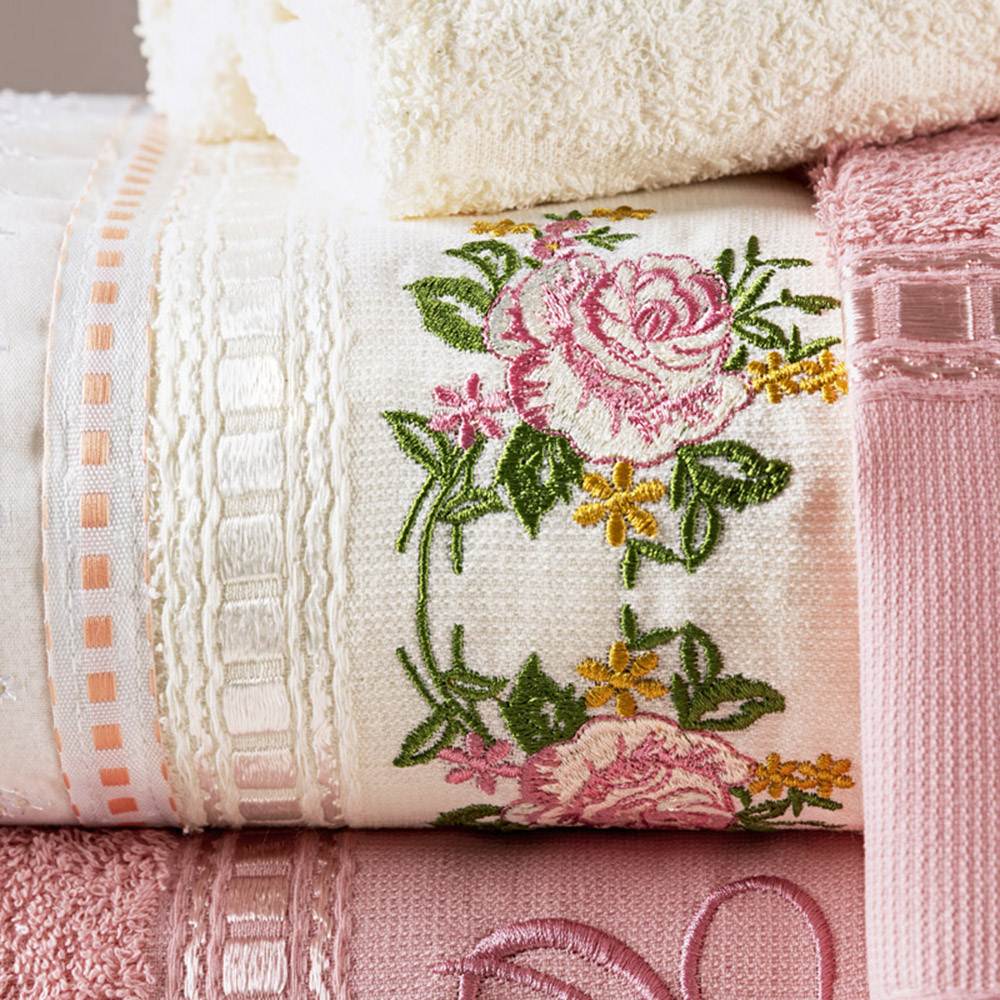 Jogo de Banho Bordado Ponto Russo Algodão 5 Peças - Rosa/Palha