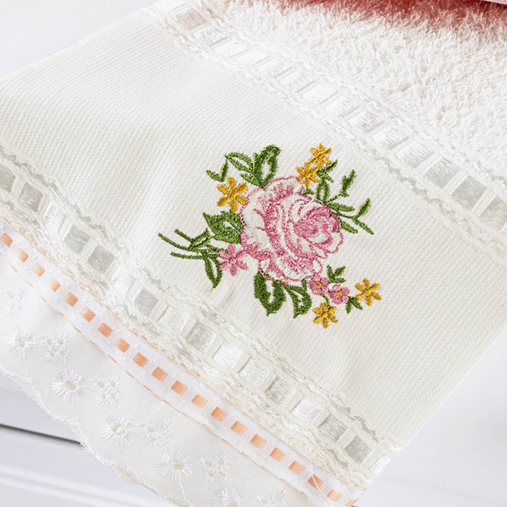 Jogo de Banho Bordado Ponto Russo Algodão 5 Peças - Rosa/Palha