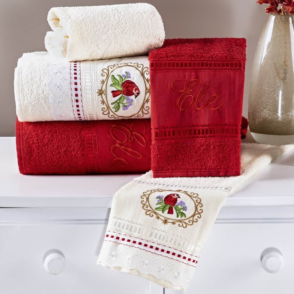 Jogo de Banho Bordado Ponto Russo Algodão 5 Peças - Vermelho/Palha