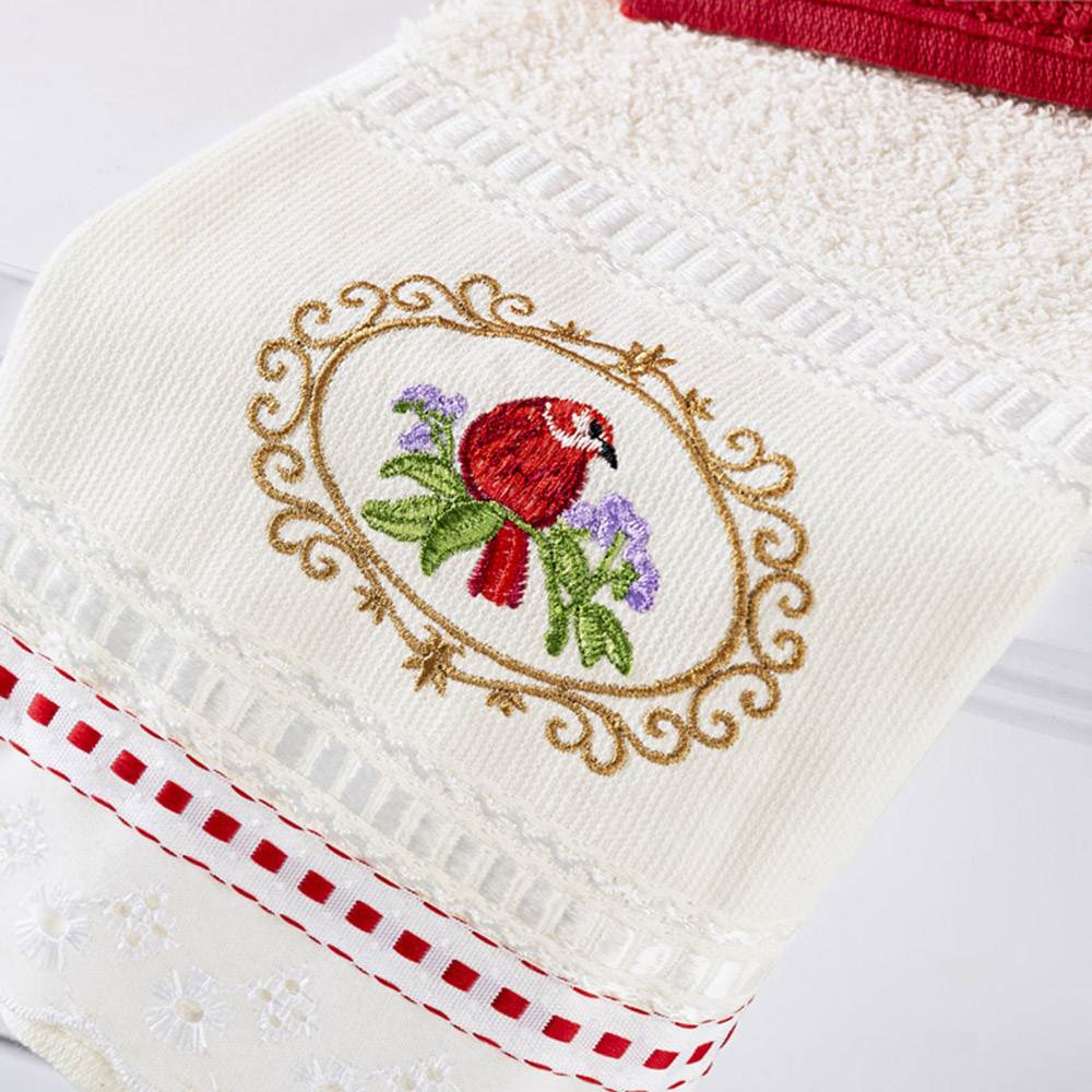 Jogo de Banho Bordado Ponto Russo Algodão 5 Peças - Vermelho/Palha