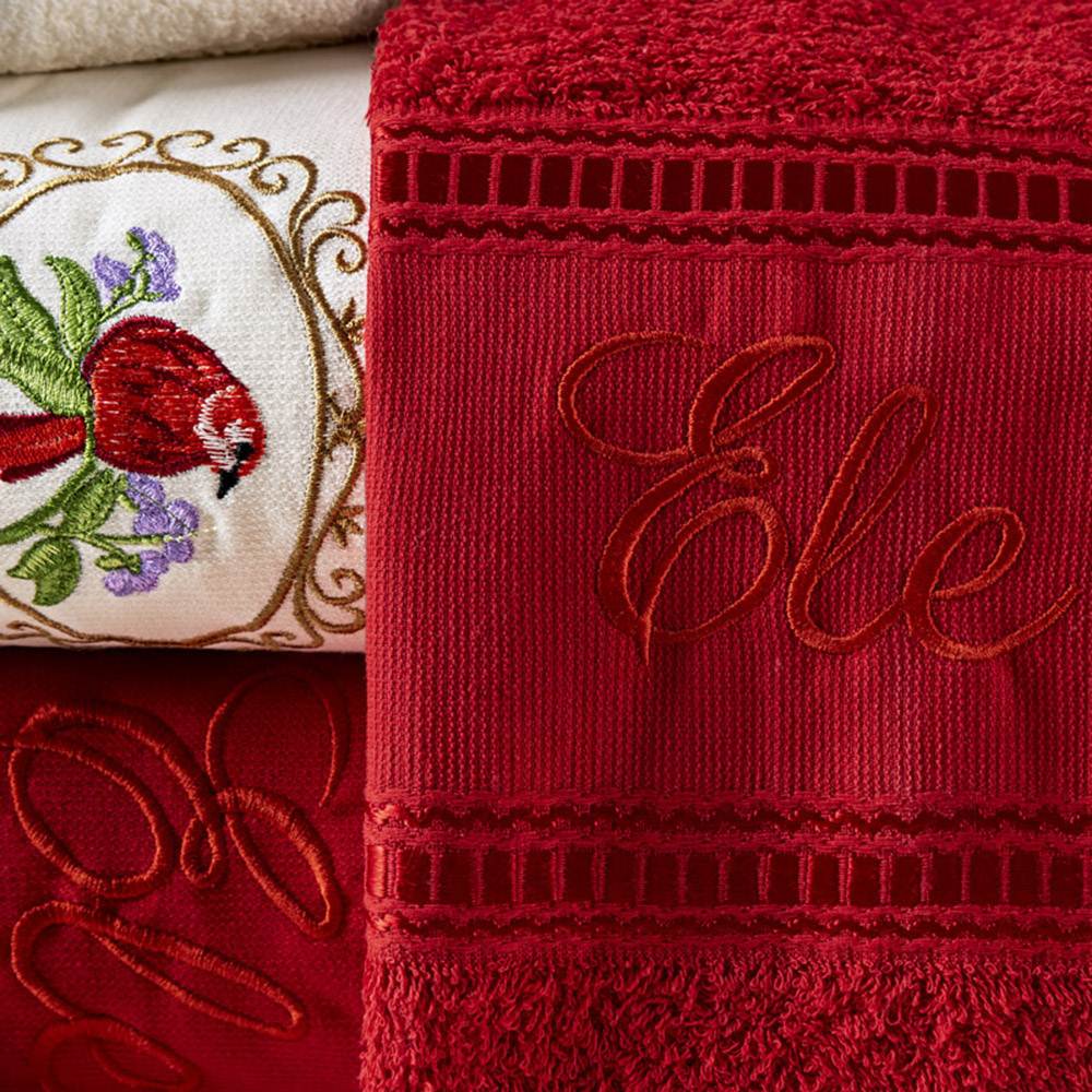 Jogo de Banho Bordado Ponto Russo Algodão 5 Peças - Vermelho/Palha