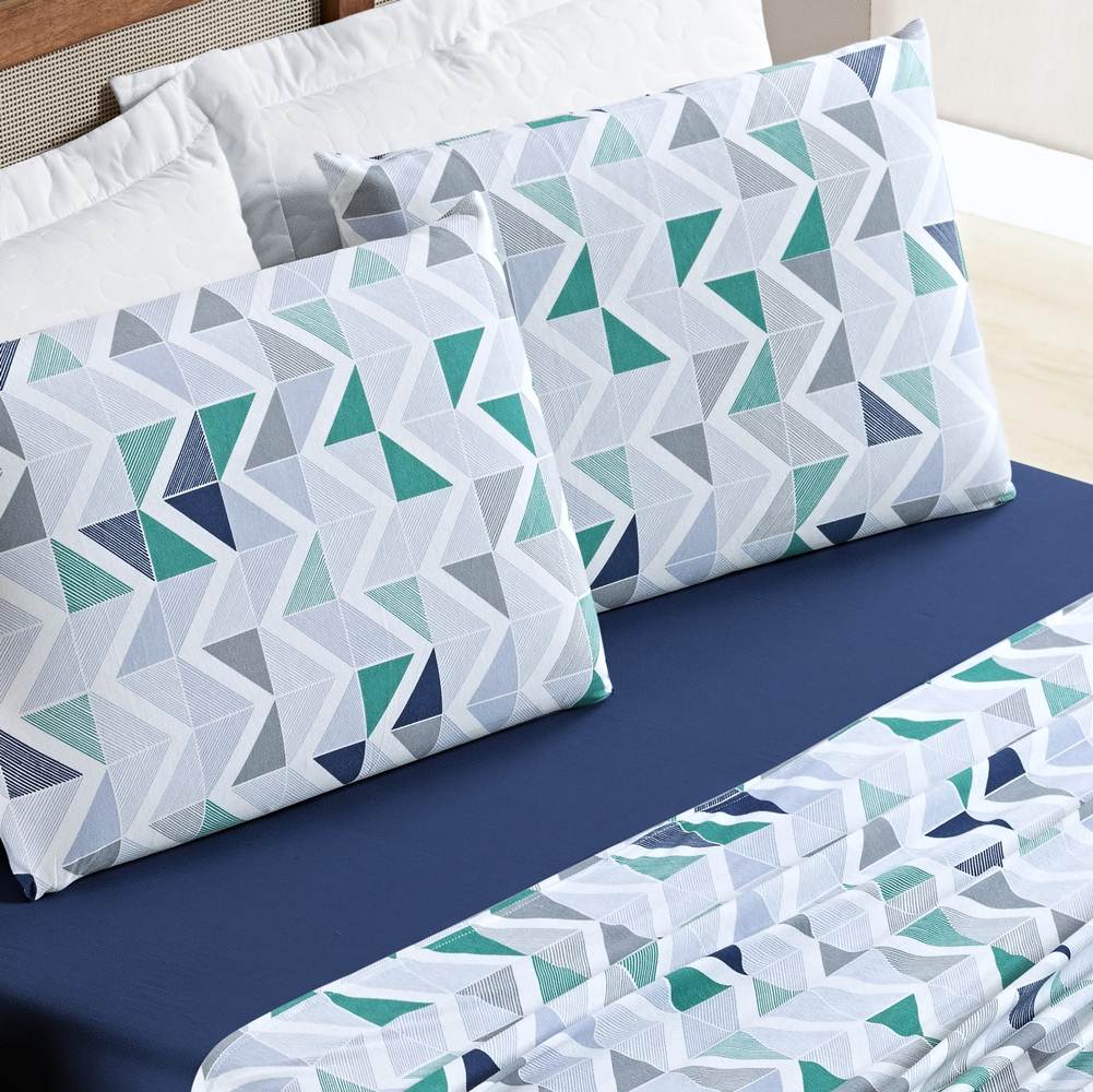 Jogo de Lençol Casal Padrão Quality Malha 100% Algodão Estampado 4 Peças - Geometrico Azul