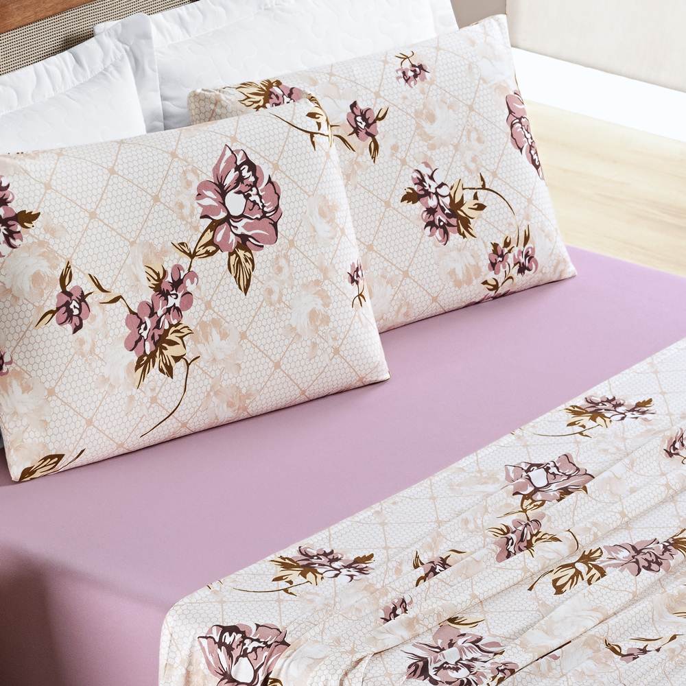 Jogo de Lençol King Quality Malha 100% Algodão Estampado 4 Peças - Floral Rose