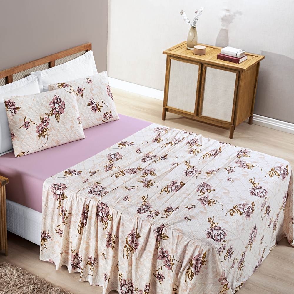 Jogo de Lençol Solteiro Quality Malha 100% Algodão Estampado 3 Peças - Floral Rose