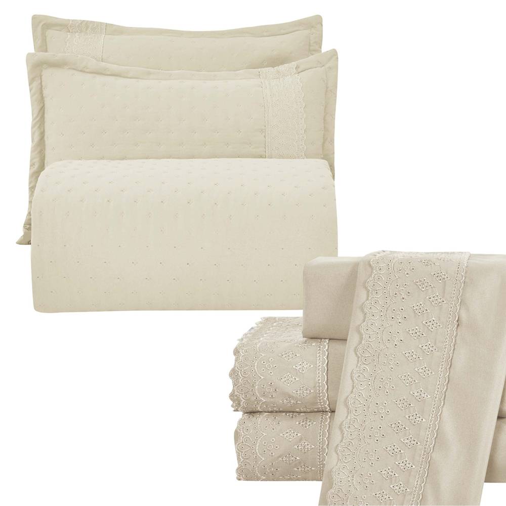 Kit Cobre Leito Casal Padrão + Jogo de Lençol Micropercal 300 Fios com Bordado Inglês Santorini 7 Peças - Bege