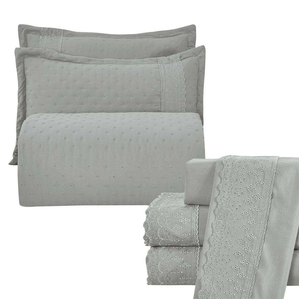 Kit Cobre Leito King + Jogo de Lençol Micropercal 300 Fios com Bordado Inglês Santorini 7 Peças - Cinza