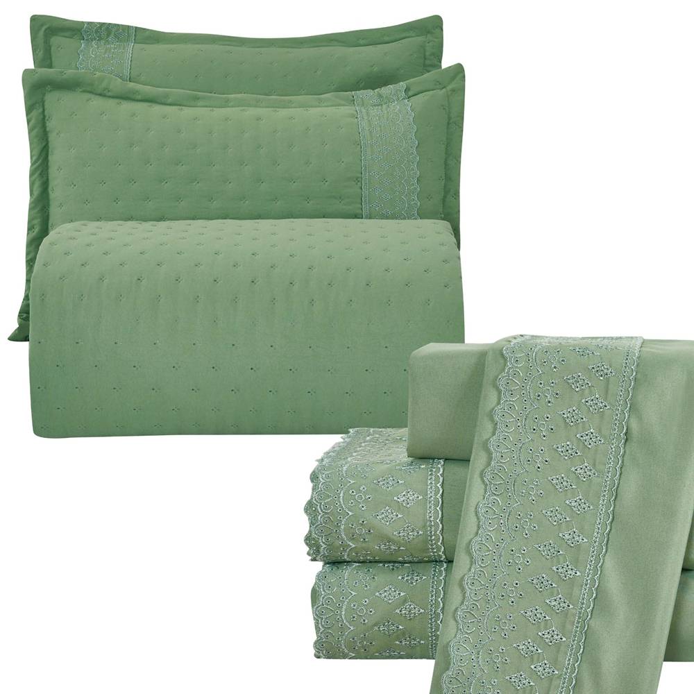 Kit Cobre Leito Queen + Jogo de Lençol Micropercal 300 Fios com Bordado Inglês Santorini 7 Peças - Verde Militar