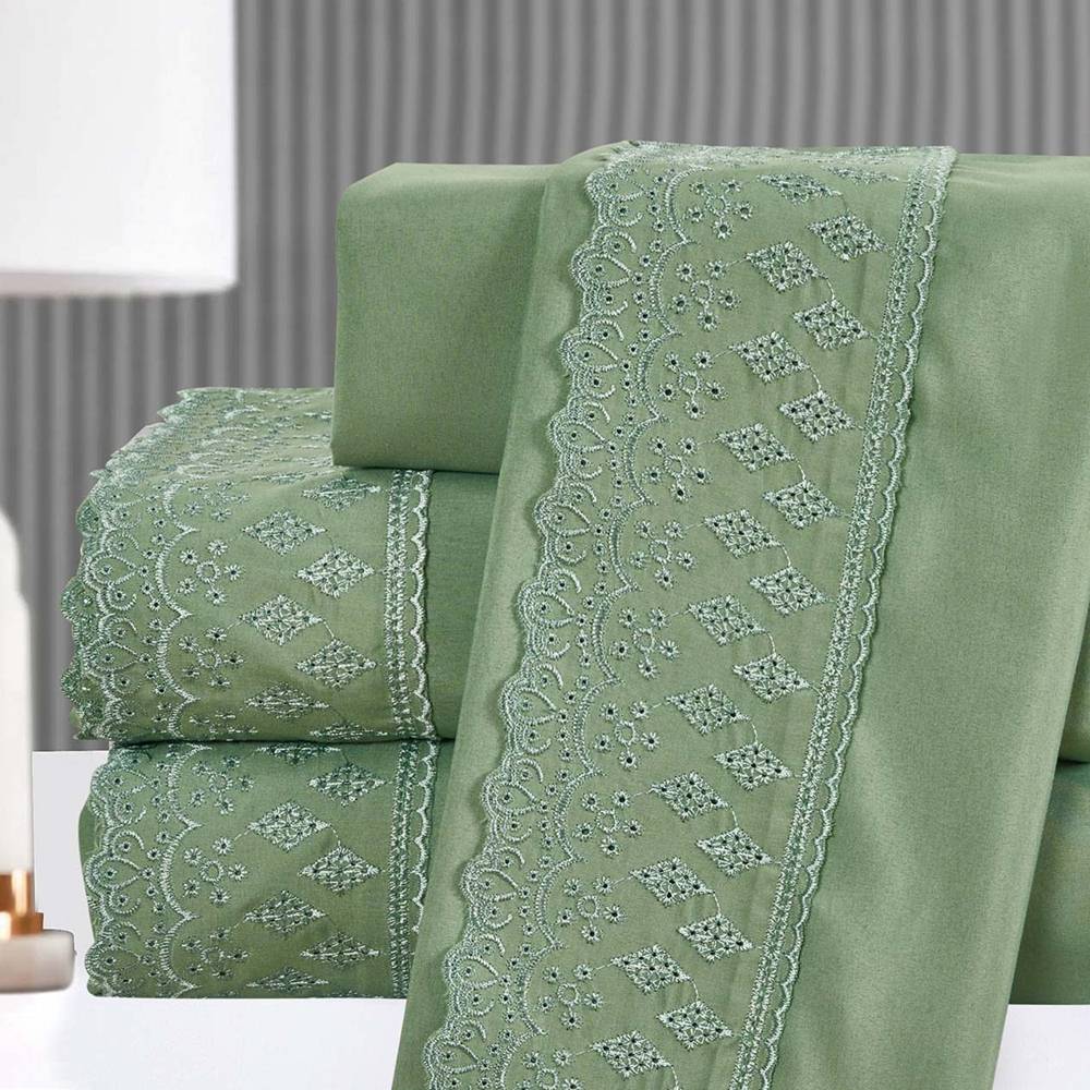 Kit Cobre Leito Queen + Jogo de Lençol Micropercal 300 Fios com Bordado Inglês Santorini 7 Peças - Verde Militar