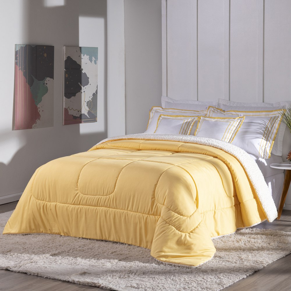 Kit Edredom King Coberdrom Soft Hipercal/Sherpa 5 Peças - Amarelo