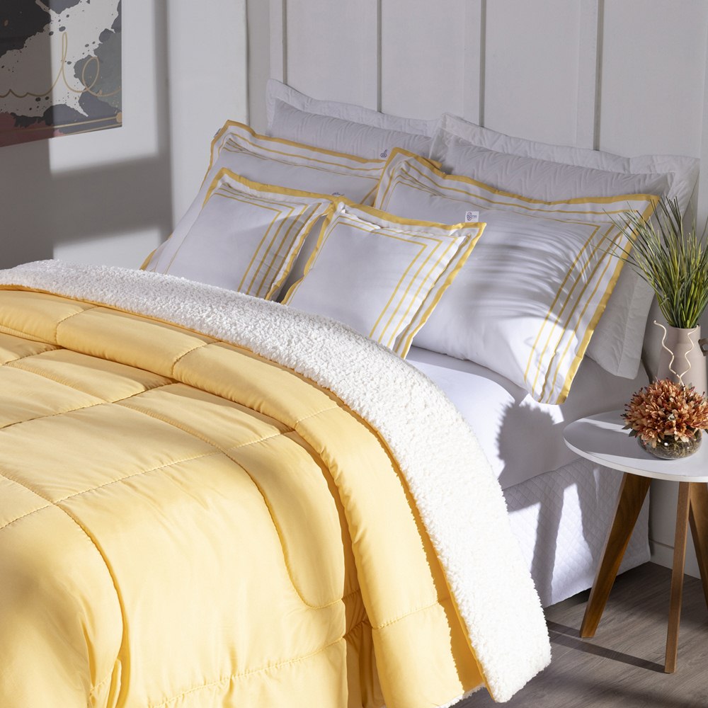 Kit Edredom King Coberdrom Soft Hipercal/Sherpa 5 Peças - Amarelo