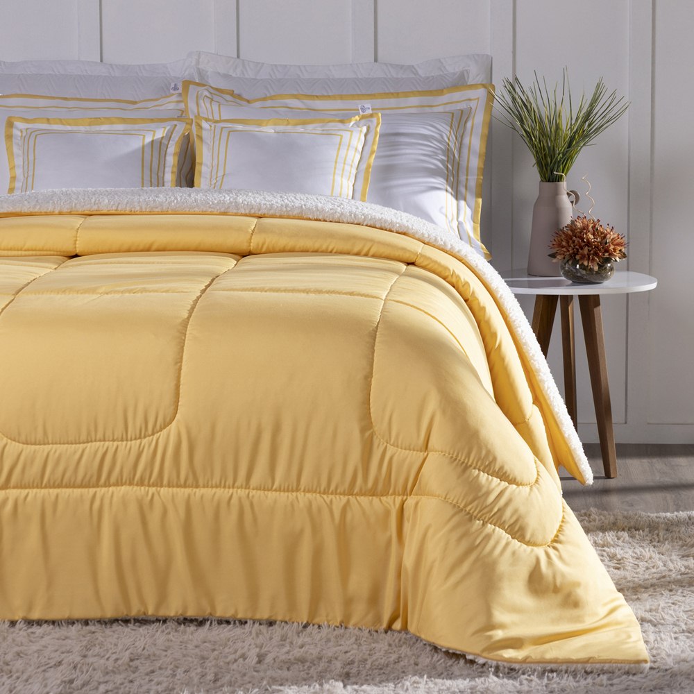Kit Edredom Queen Coberdrom Soft Hipercal/Sherpa 5 Peças - Amarelo