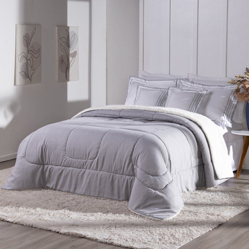 Kit Edredom Queen Coberdrom Soft Hipercal/Sherpa 5 Peças - Cinza