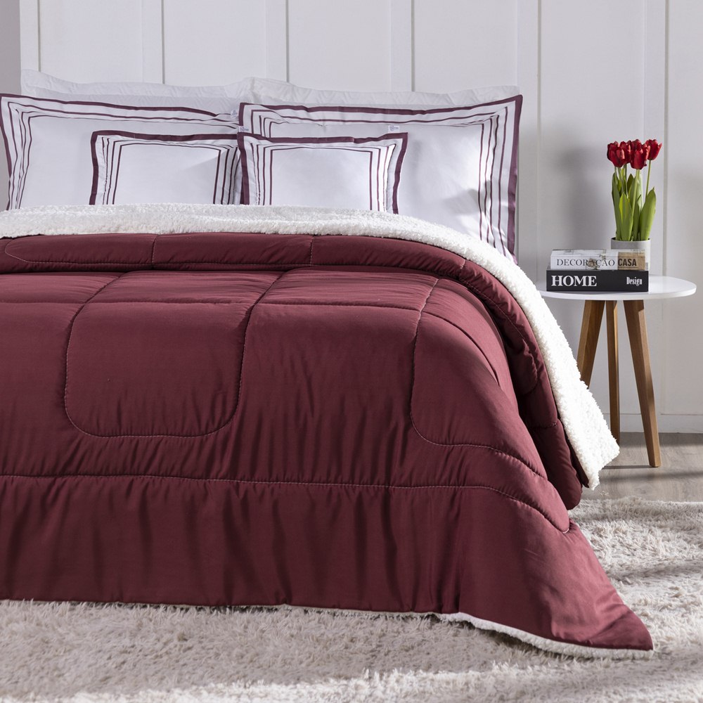 Kit Edredom Queen Coberdrom Soft Hipercal/Sherpa 5 Peças - Vermelho