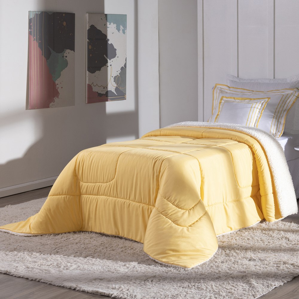 Kit Edredom Solteiro Coberdrom Soft Hipercal/Sherpa 3 Peças - Amarelo