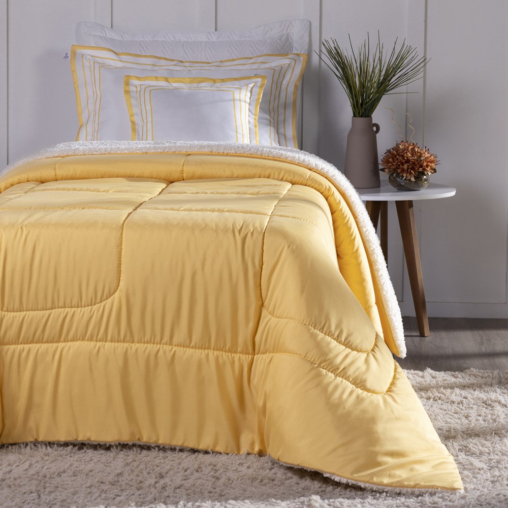 Kit Edredom Solteiro Coberdrom Soft Hipercal/Sherpa 3 Peças - Amarelo