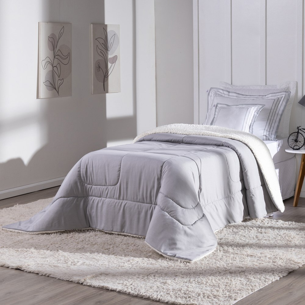 Kit Edredom Solteiro Coberdrom Soft Hipercal/Sherpa 3 Peças - Cinza
