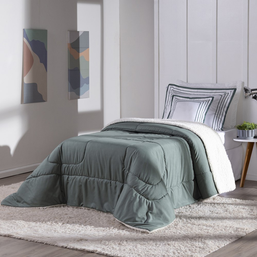 Kit Edredom Solteiro Coberdrom Soft Hipercal/Sherpa 3 Peças - Verde