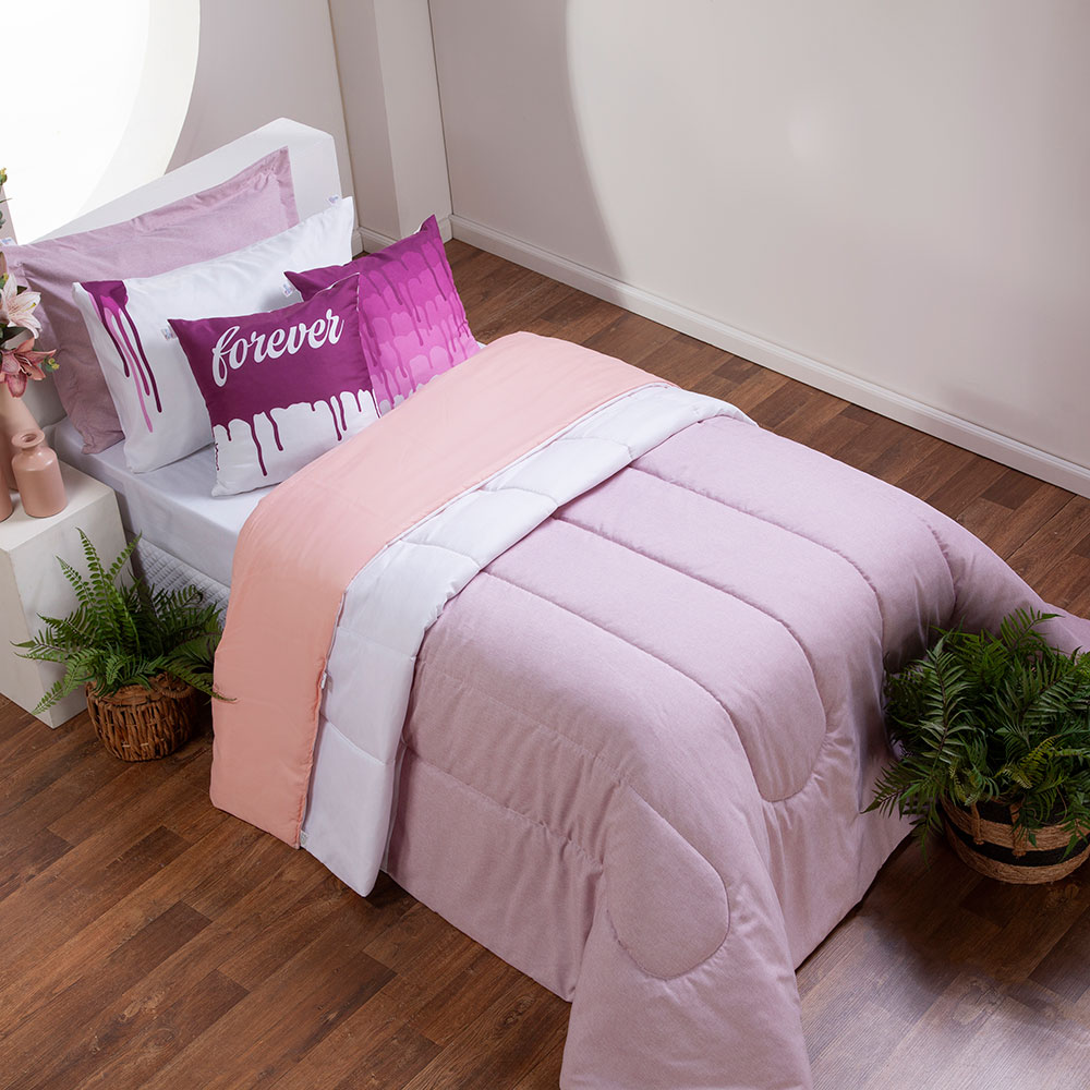 Kit Edredom Solteiro Colorful Dupla Face Linho e Hipercal 400 Fios 5 Peças - Rosa