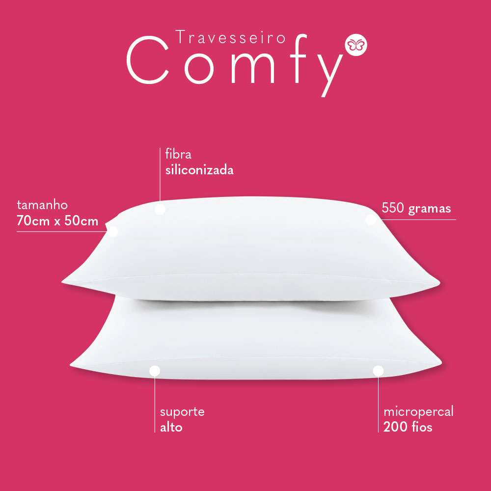 Kit Travesseiros Comfy Suporte Alto Fibra Siliconizada 550 Gramas 70cm x 50cm - 2 Unidades