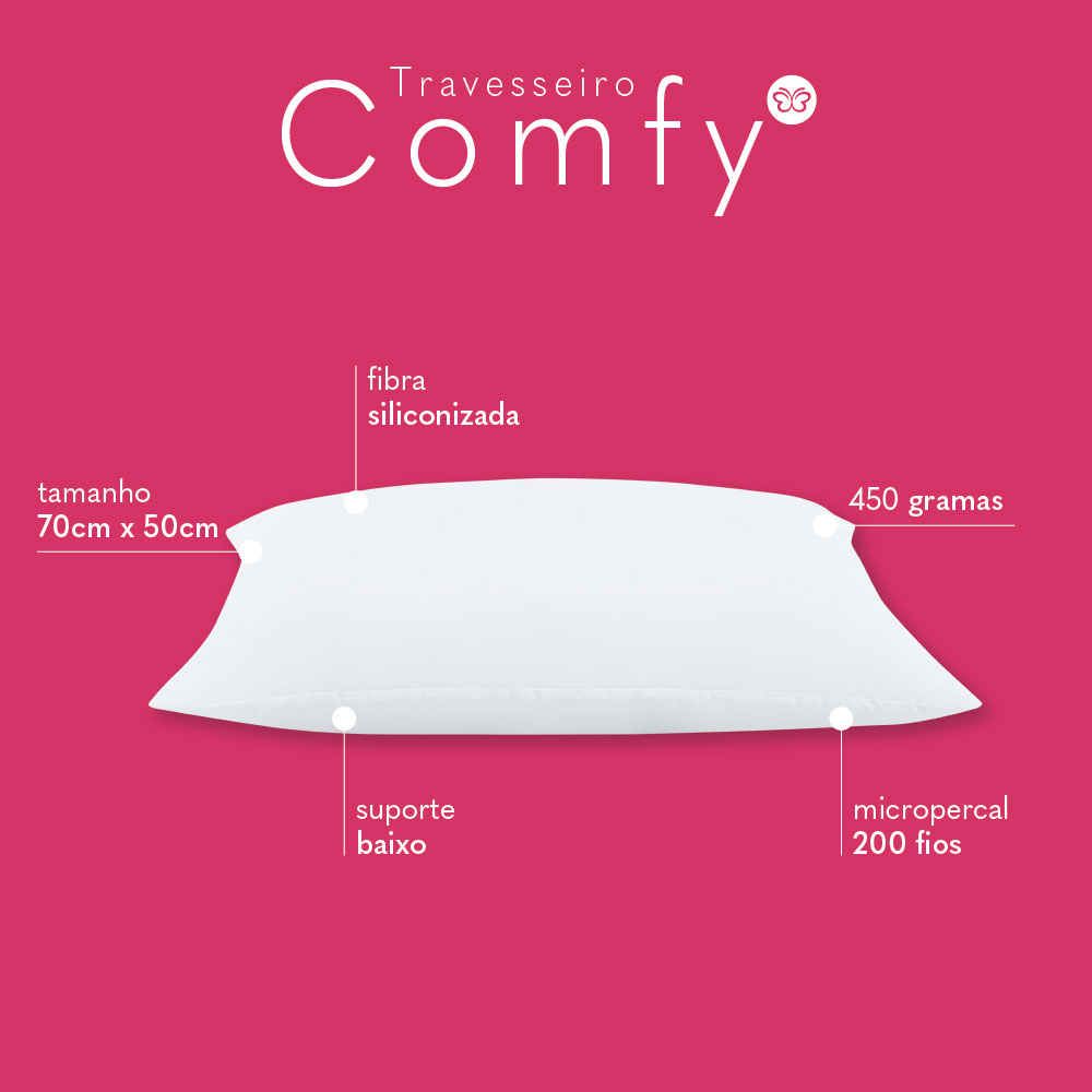 Travesseiro Comfy Suporte Baixo Fibra Siliconizada 450 Gramas 70cm x 50cm - 1 Unidade