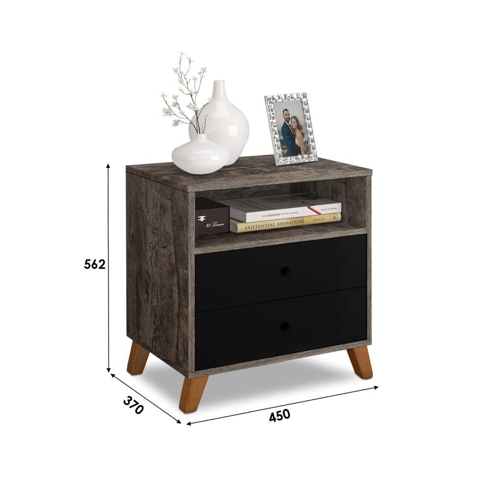 Mesa De Cabeceira 2 Gavetas E 1 Nicho Castani Com Preto