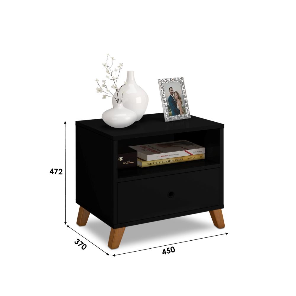 Mesa De Cabeceira Retro 1 Gaveta E 1 Nicho  Preto Brunei